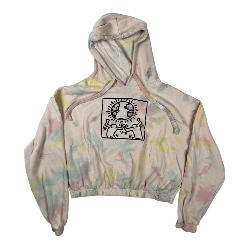 Keith Haring Hoodie Womens Large Tie Dye Cropped Fleece Pullover Art Graphic